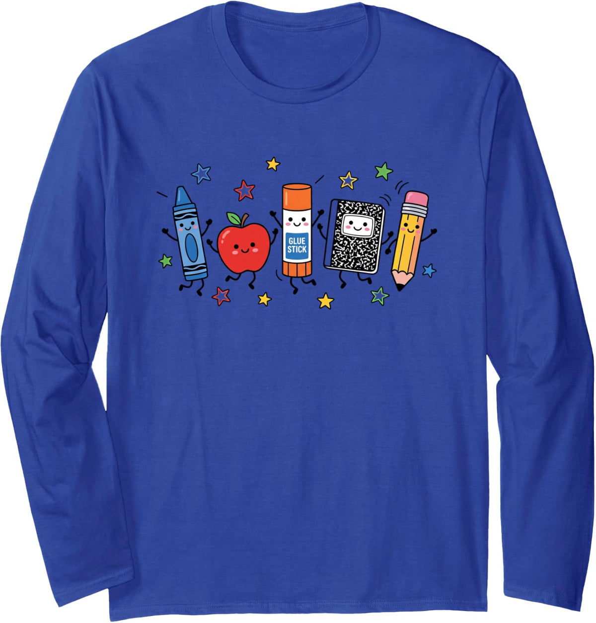 Glue Stick Apple Notebook Back to School Teacher Long Sleeve T-Shirt - Adult Unisex Royal Blue