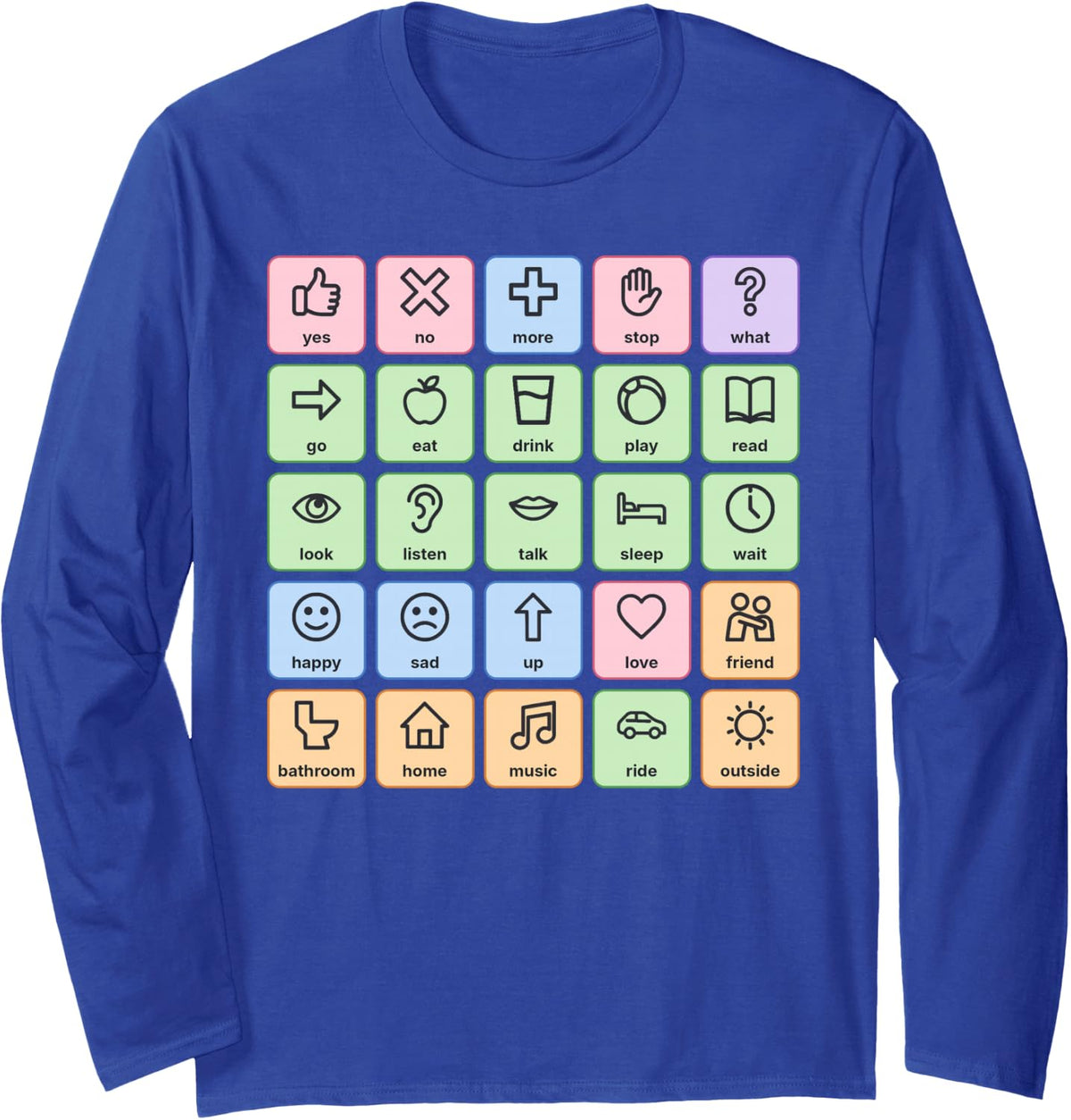 AAC Core Board Speech Therapy SLP Core Words Teacher Long Sleeve T-Shirt - Adult Unisex Royal Blue