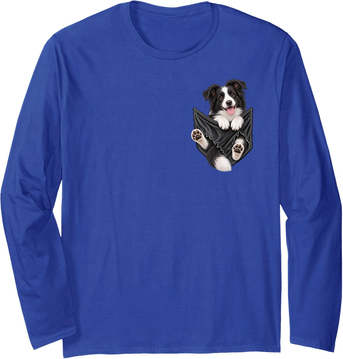 Cute Border Collie Dog Pocket Funny Dog Mom Dog Dad Long Sleeve T-Shirt - Adult Unisex Royal Blue