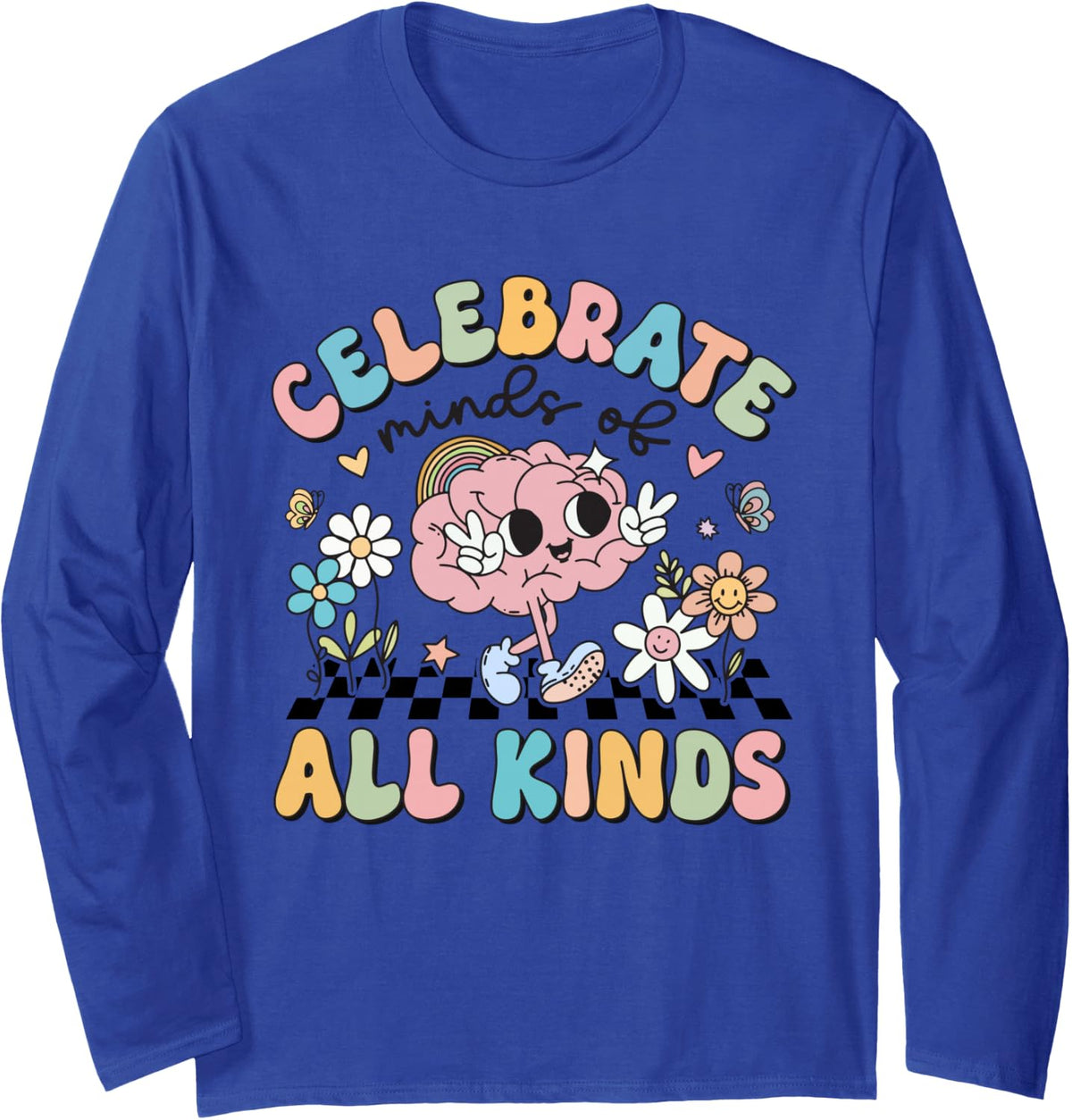 Retro Celebrate Minds of All Kind Cute Brain Autism Teacher Long Sleeve T-Shirt - Adult Unisex Royal Blue