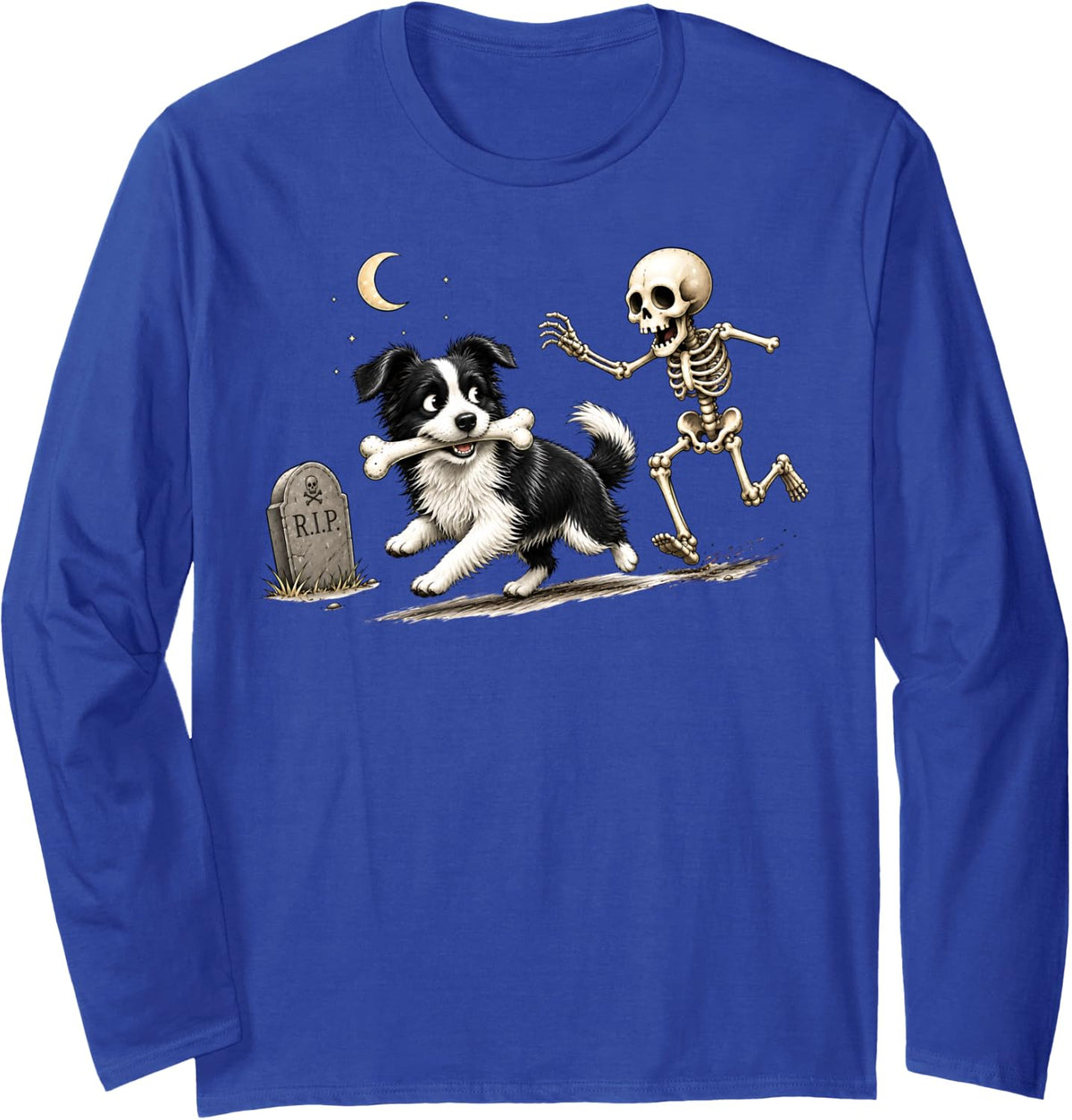 Funny Skeleton Chasing Border Collie Halloween Dog Mom Dad Long Sleeve T-Shirt - Adult Unisex Royal Blue