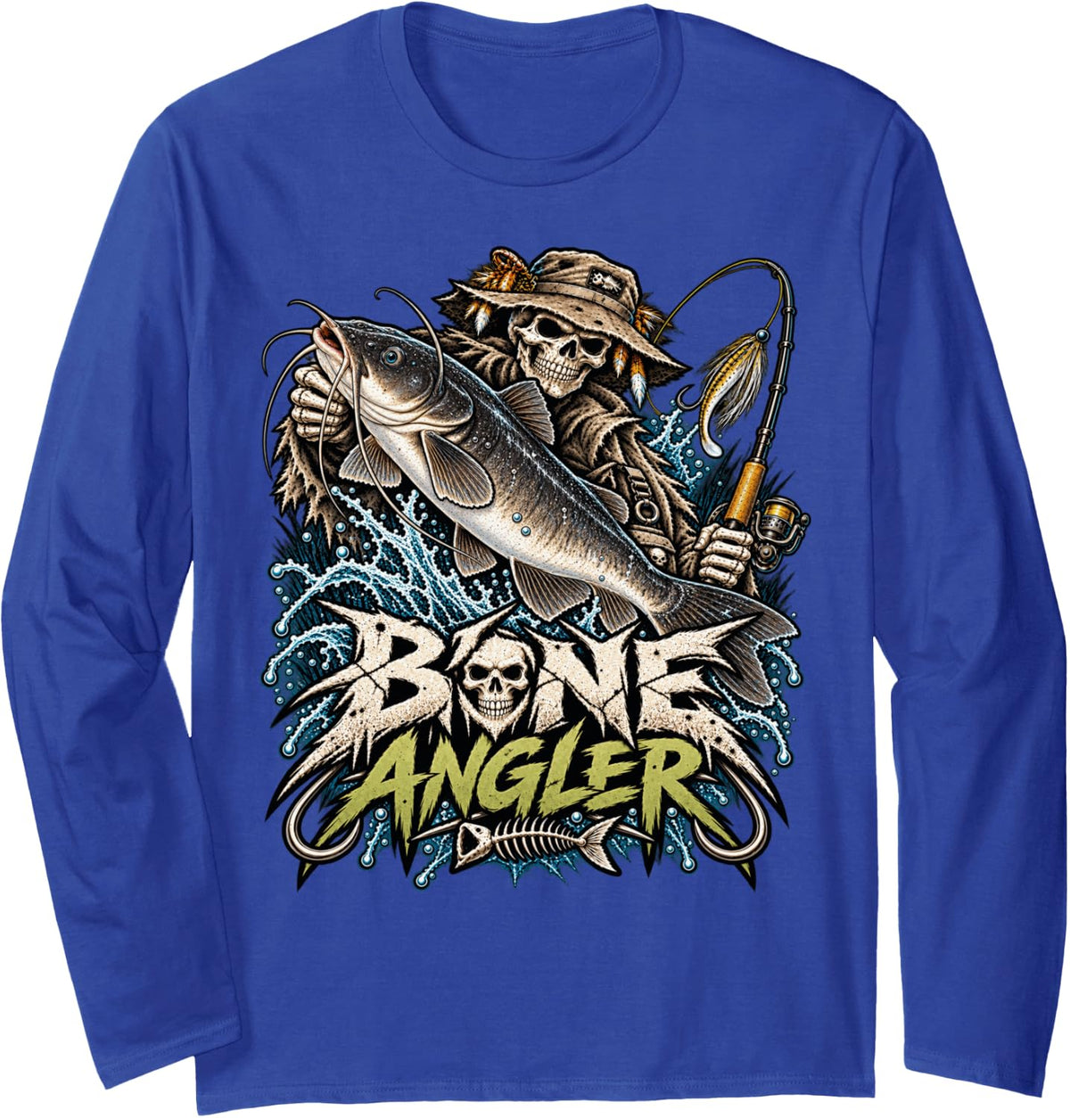 Skeleton Catfish Fishing Grunge Long Sleeve T-Shirt - Adult Unisex Royal Blue