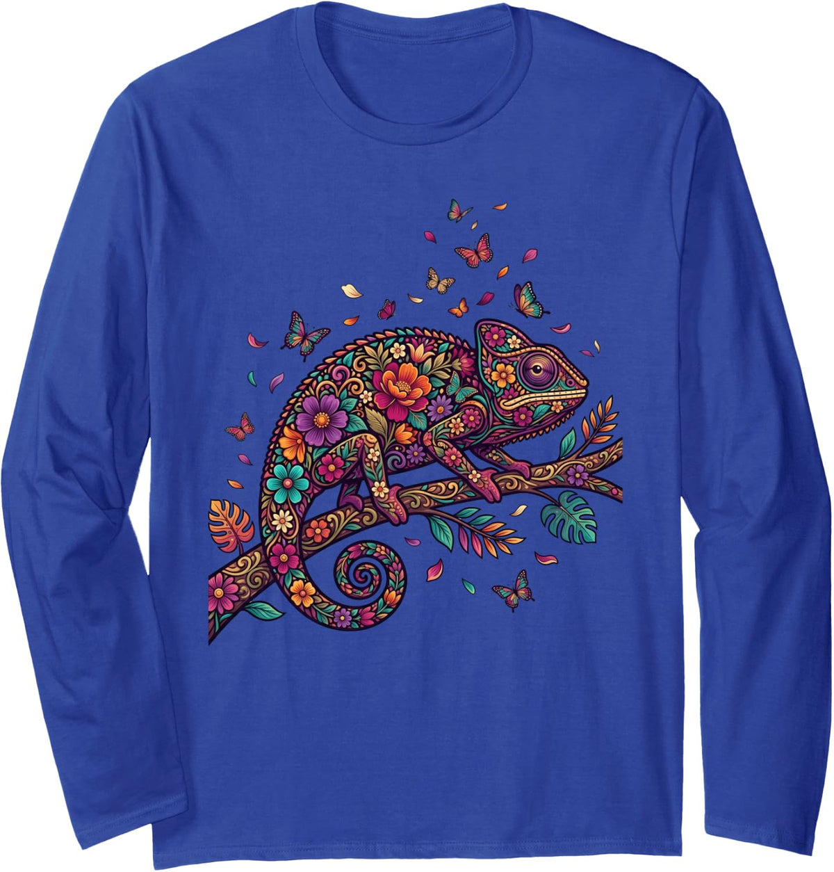 Chameleon Colorful Floral Butterfly Flowers Botanical Long Sleeve T-Shirt - Adult Unisex Royal Blue