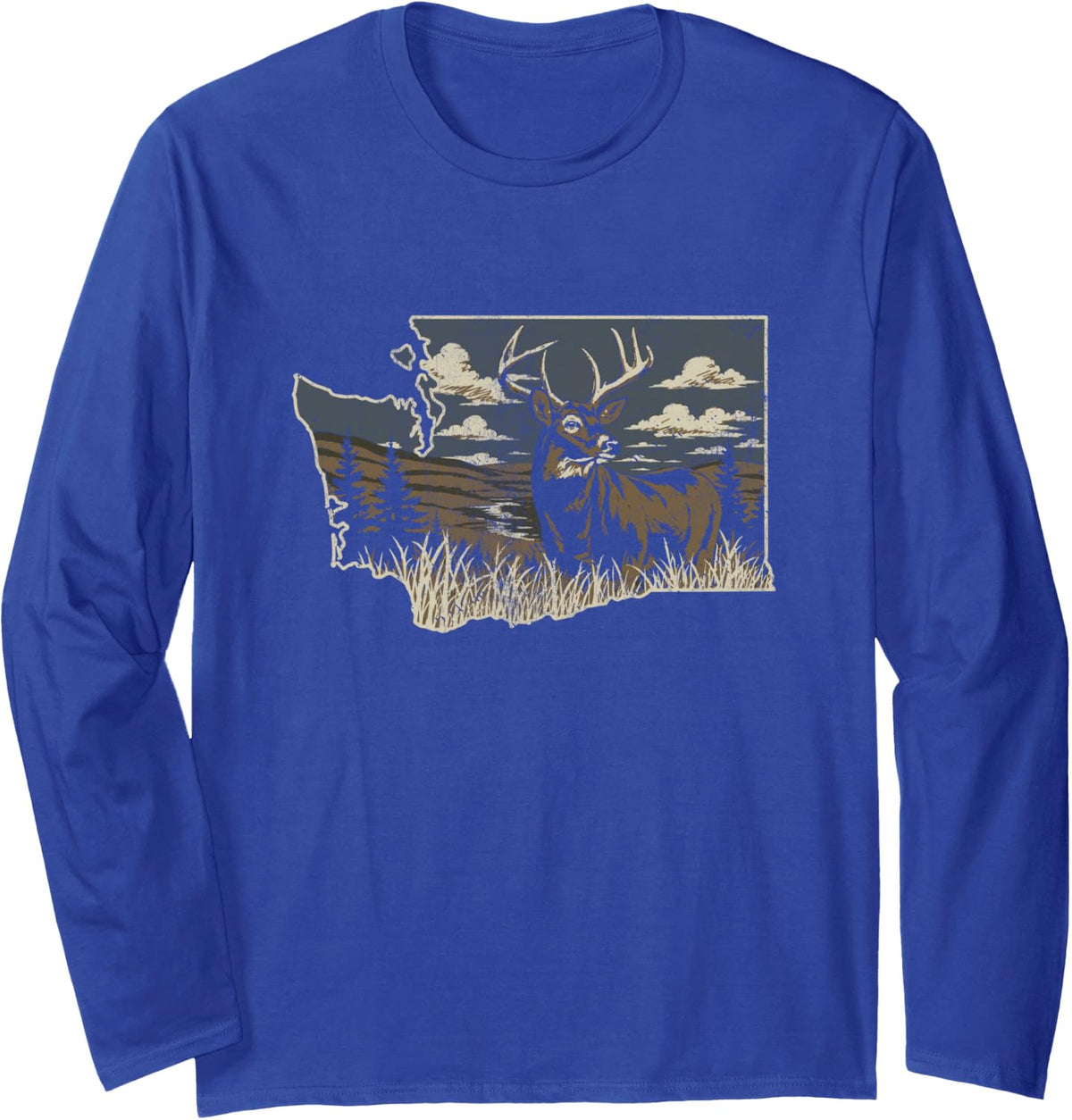 Washington Deer Hunting Distressed Long Sleeve T-Shirt - Adult Unisex Royal Blue