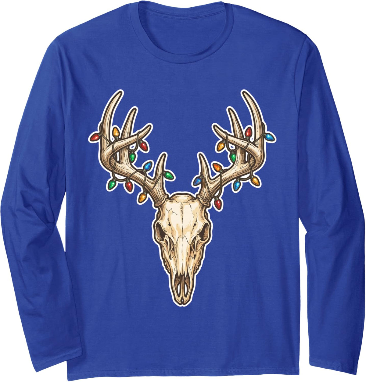 Deer Skull Antlers Christmas Lights Hunter Holiday Art Long Sleeve T-Shirt - Adult Unisex Royal Blue