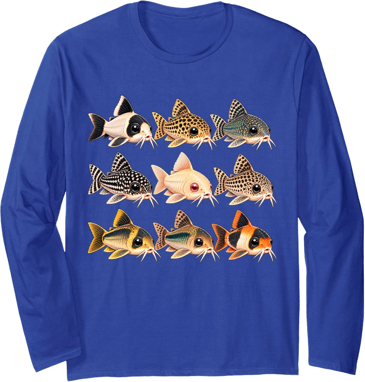 Cute Corydoras Catfish 9 Fish Kawaii Aquarium Design Long Sleeve T-Shirt - Adult Unisex Royal Blue