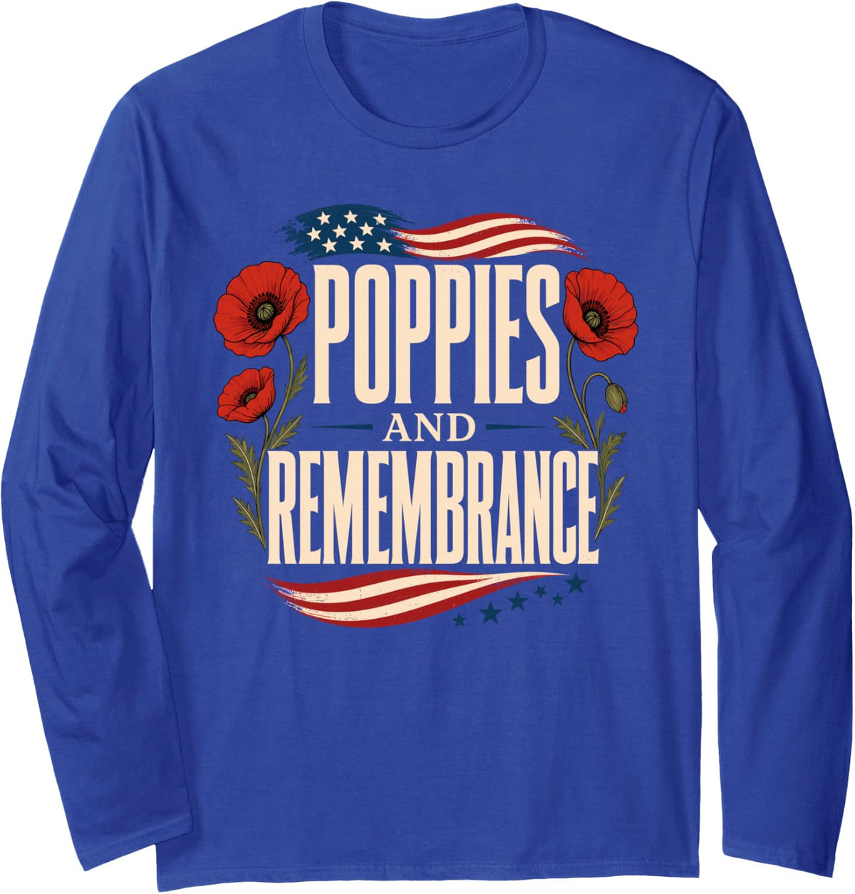 Poppies and Remembrance Flag Memorial Day Long Sleeve T-Shirt - Adult Unisex Royal Blue
