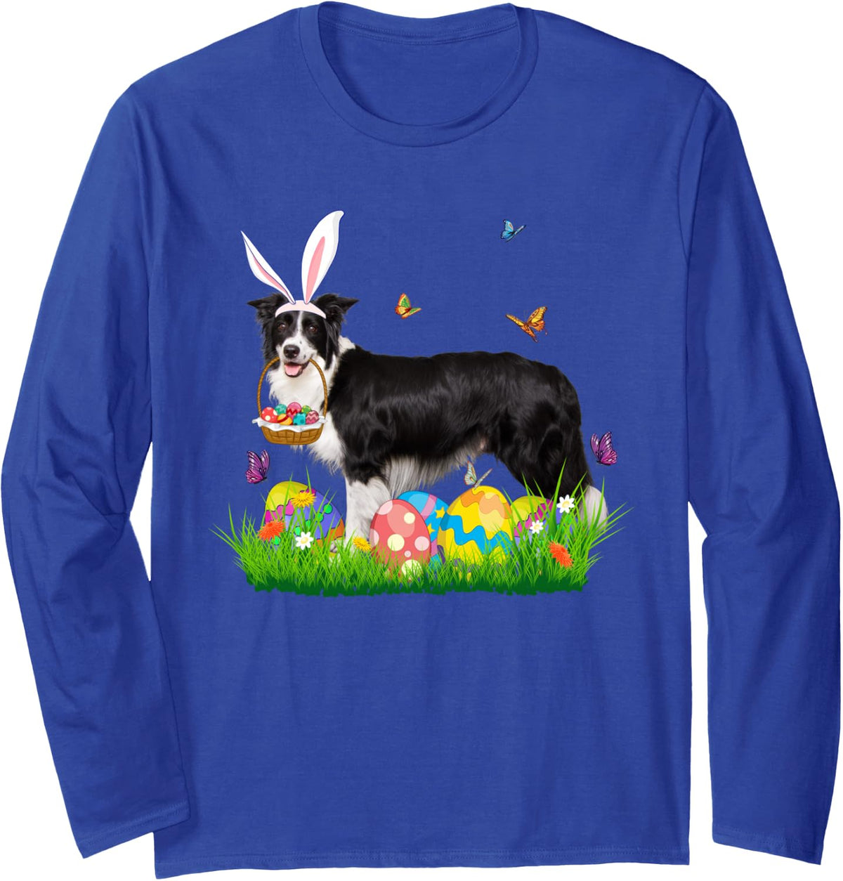 Bunny Border Collie with Egg Basket Easter Hunting Egg Long Sleeve T-Shirt - Adult Unisex Royal Blue