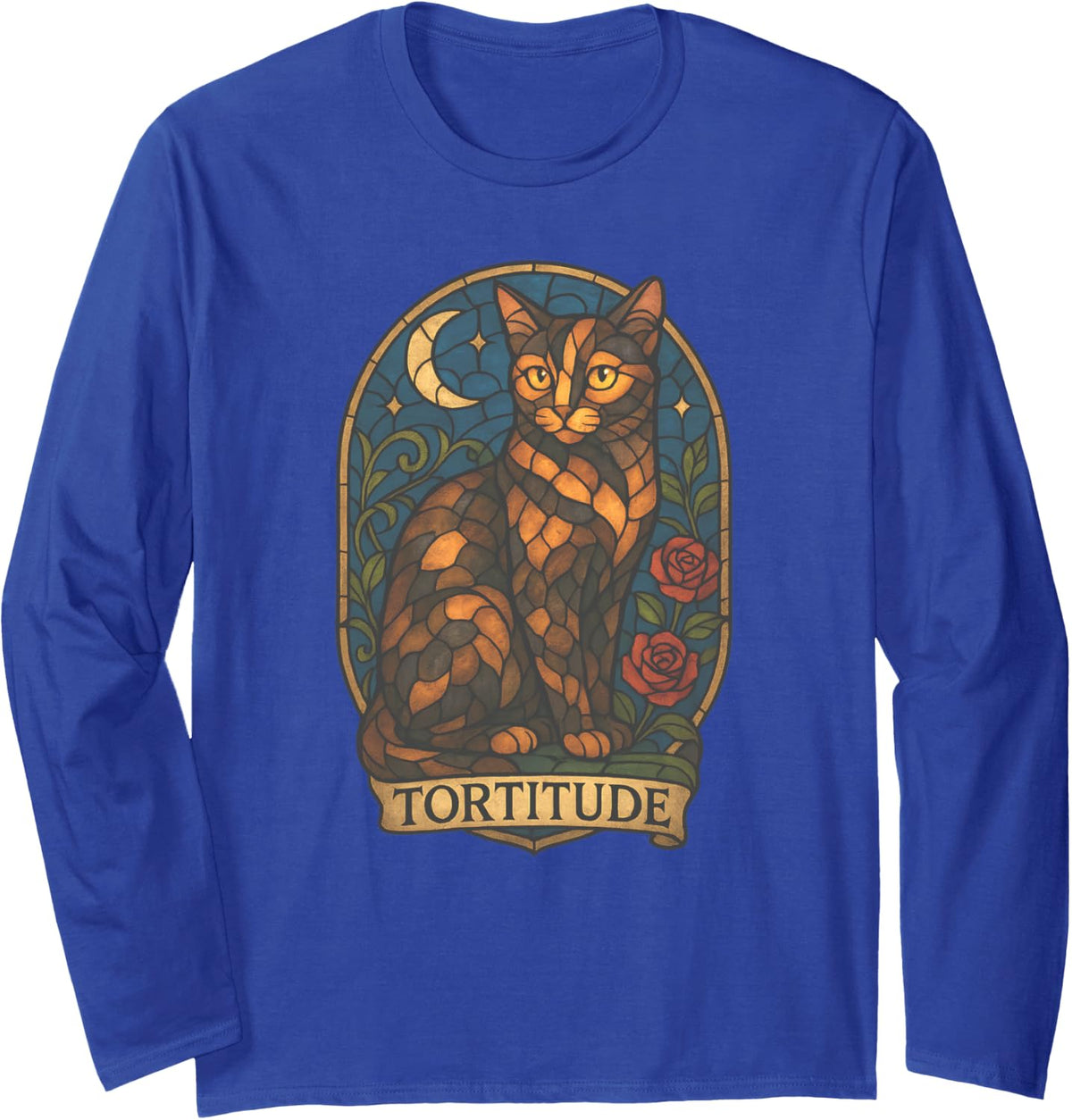 Artistic Tortitude Tortoiseshell Cat Under Crescent Moon Long Sleeve T-Shirt - Adult Unisex Royal Blue