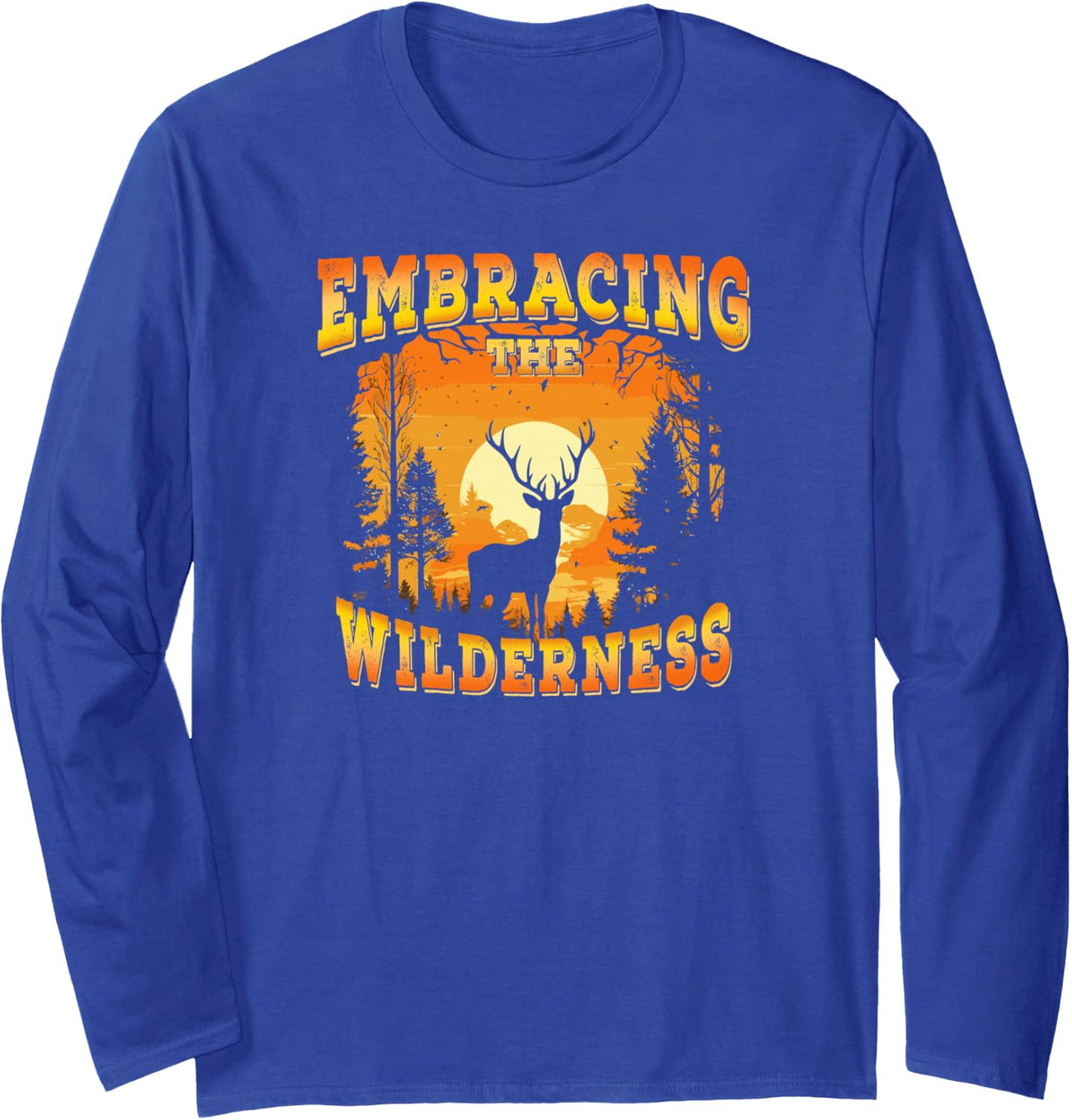 Deer Sunset Landscape Hunting Hunter Buck Long Sleeve T-Shirt - Adult Unisex Royal Blue