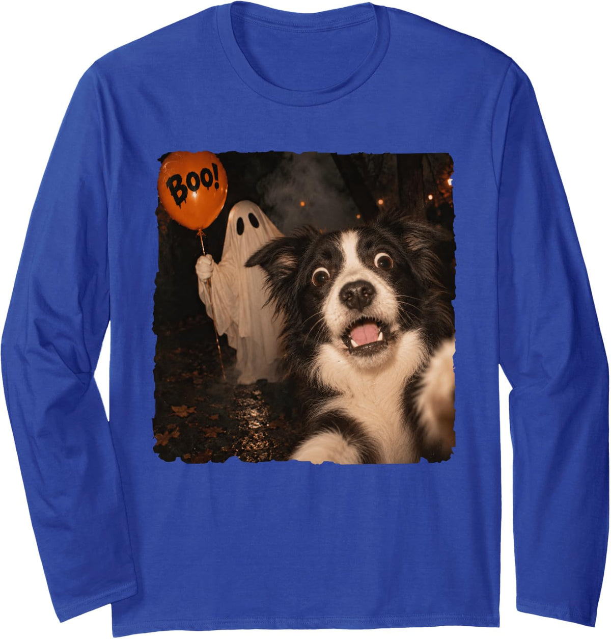 Border Collie Ghost Selfie Balloon Halloween Dog Lover Boo Long Sleeve T-Shirt - Adult Unisex Royal Blue