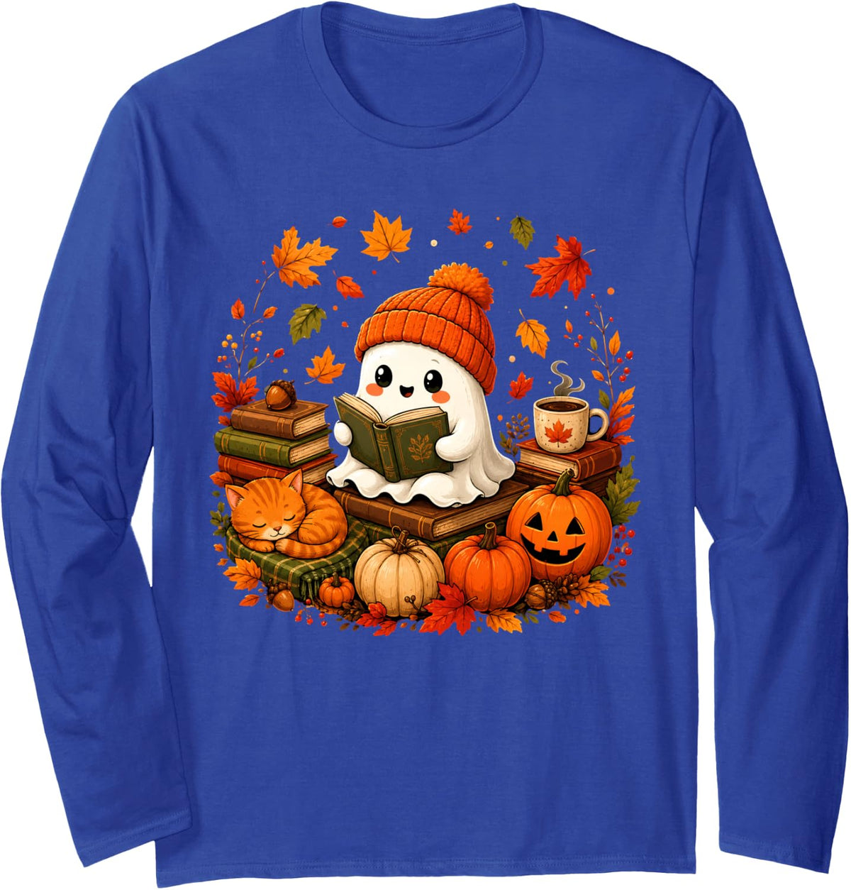 Ghost Reading Book Lovers Coffee Autumn Fall Cat Halloween Long Sleeve T-Shirt - Adult Unisex Royal Blue