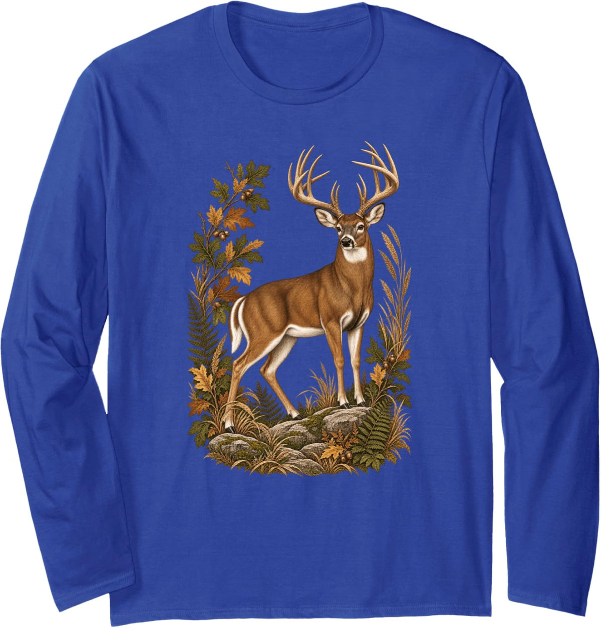 Whitetail Buck Deer Hunting Forest Wildlife Long Sleeve T-Shirt - Adult Unisex Royal Blue