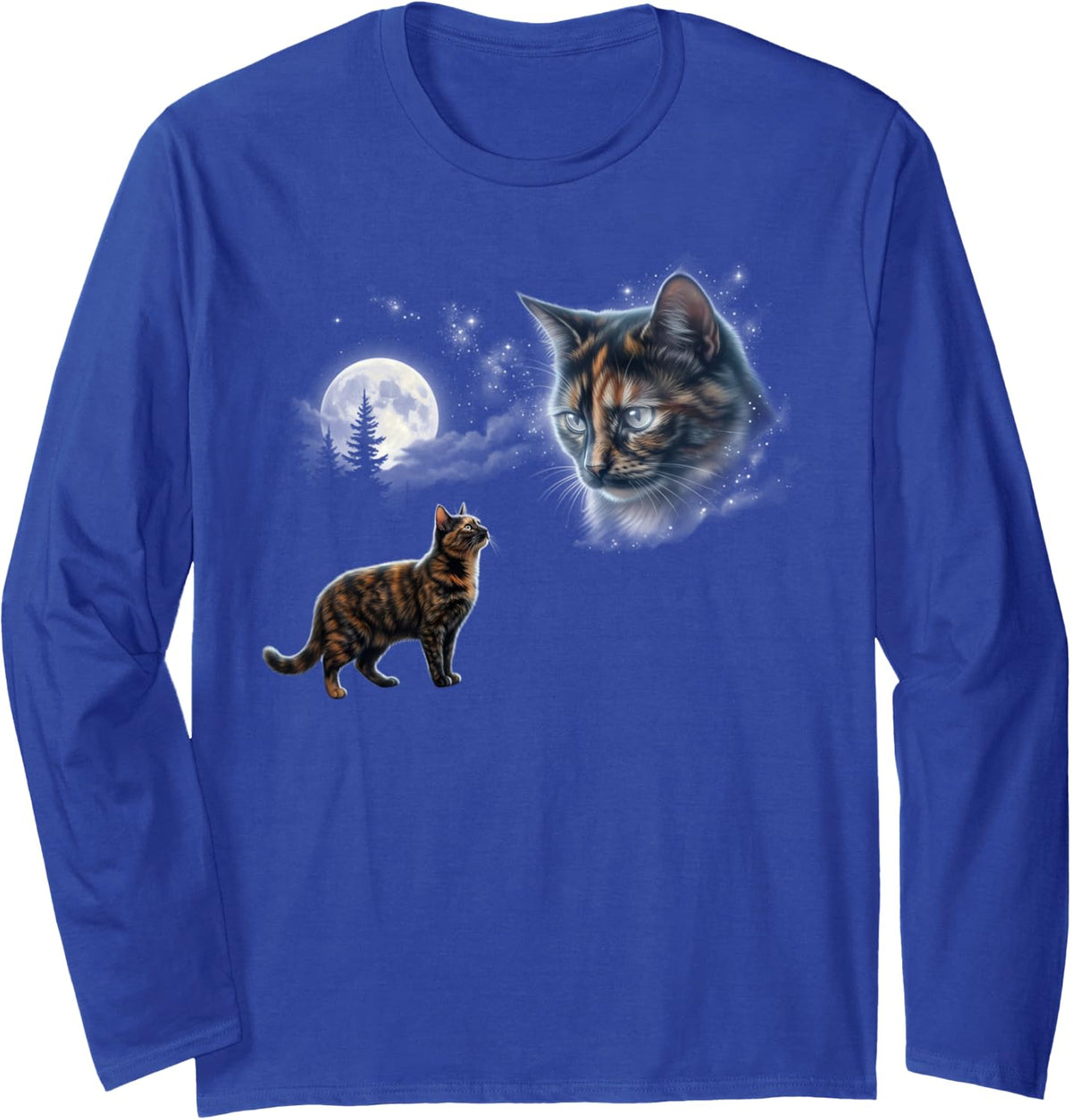 Tortoiseshell Cat Full Moon Night Sky Tortie Kitty Long Sleeve T-Shirt - Adult Unisex Royal Blue