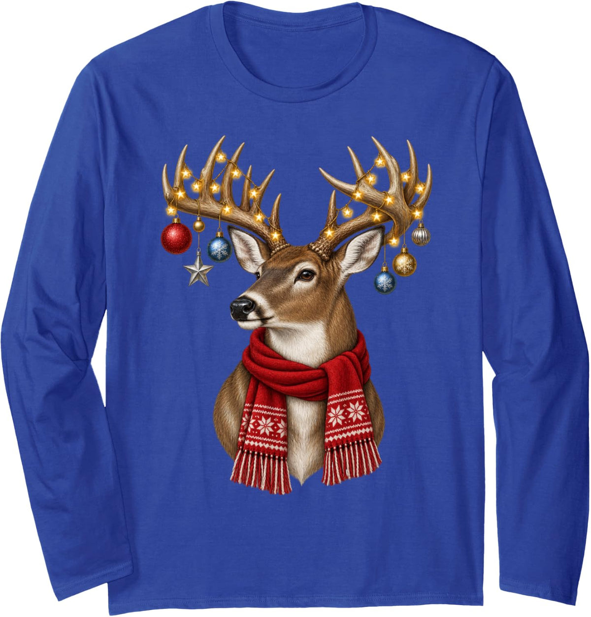 Whitetail Buck Deer Christmas Star Lights Scarf Xmas Holiday Long Sleeve T-Shirt - Adult Unisex Royal Blue