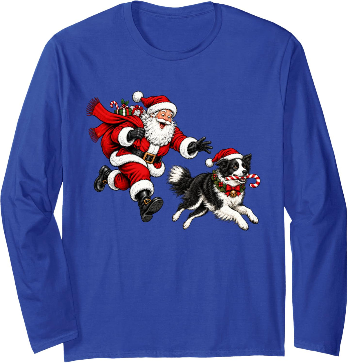 Funny Santa Chasing Border Collie Christmas Dog Mom Pet Long Sleeve T-Shirt - Adult Unisex Royal Blue