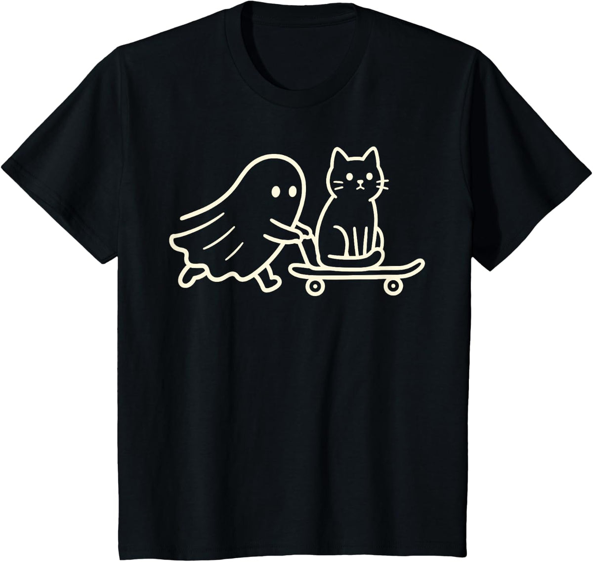 Cat Ghost Skateboard Funny Halloween Lover Humor Witch T-Shirt - Black