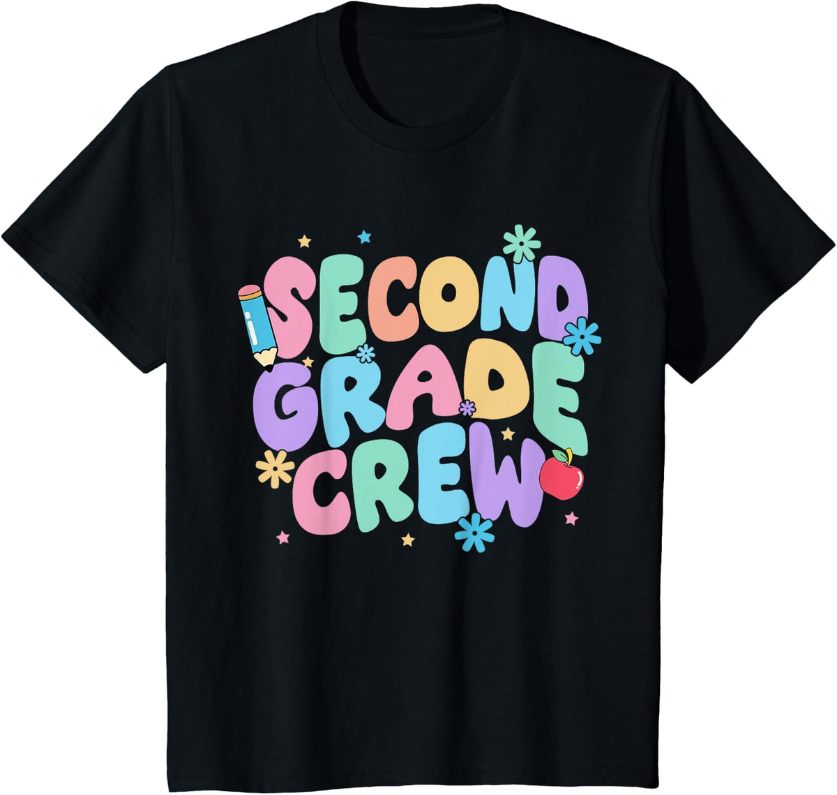 Second Grade Crew Floral Groovy 2nd Grade Teacher Student T-Shirt - Black
