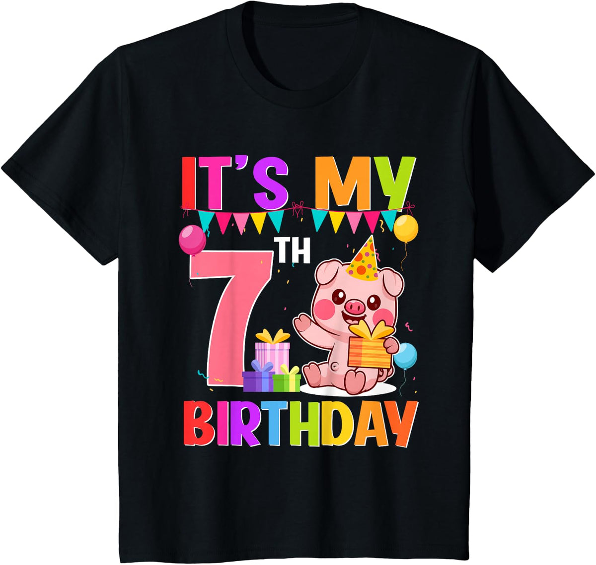 7 Years Old Birthday Pig Theme Party It's My 7th Birthday T-Shirt - Black