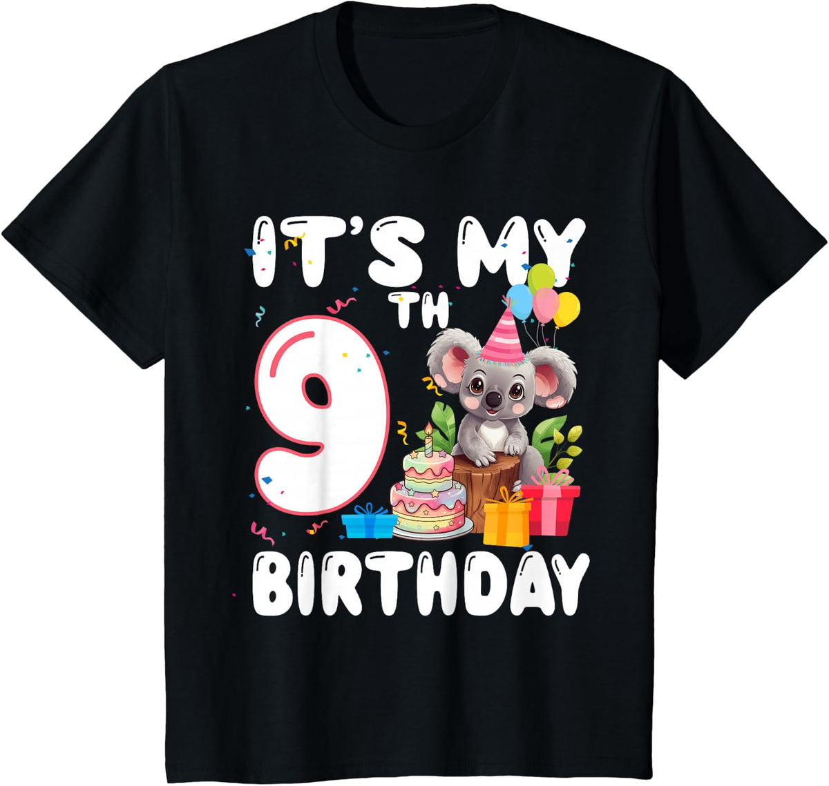 9 Year Old Koala Lover Themed It's My 9th Birthday T-Shirt - Black
