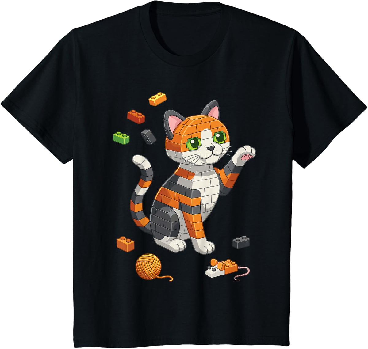 Cute Calico Cat Made of Bricks Digital Art Style T-Shirt - Black
