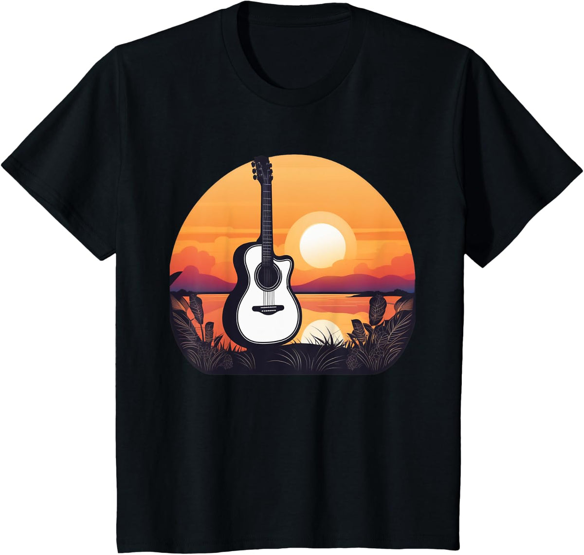 Acoustic Guitar with Sunset, Musician T-Shirt - Black