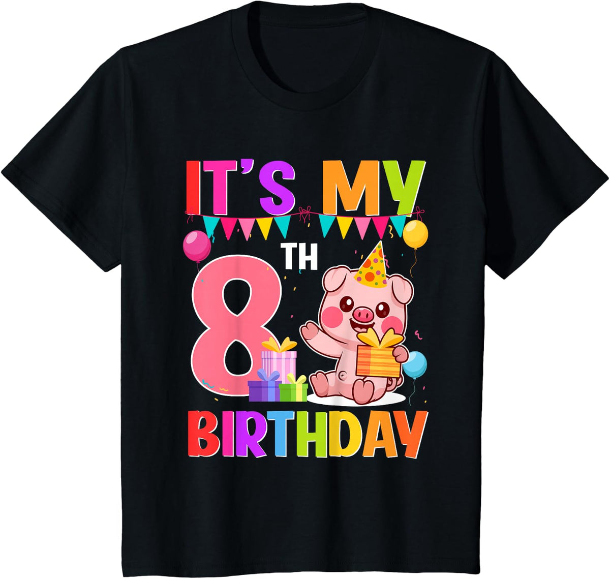 8 Years Old Birthday Pig Theme Party It's My 8th Birthday T-Shirt - Black