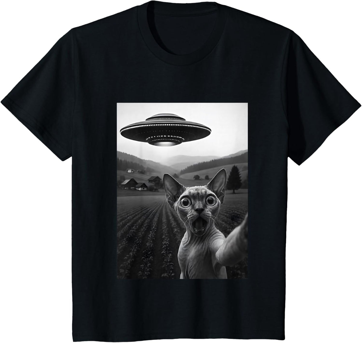 Sphynx Cat Selfie Funny Alien Abduction Meme Artwork T-Shirt - Black