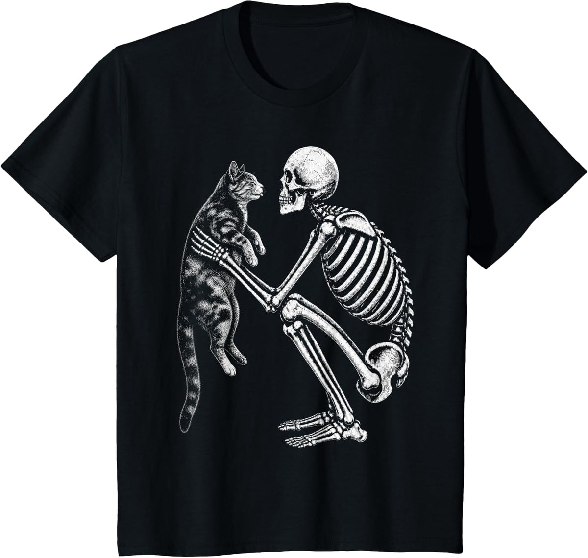 Skeleton Holding Tortoiseshell Cat Retro Halloween Tortie T-Shirt - Black