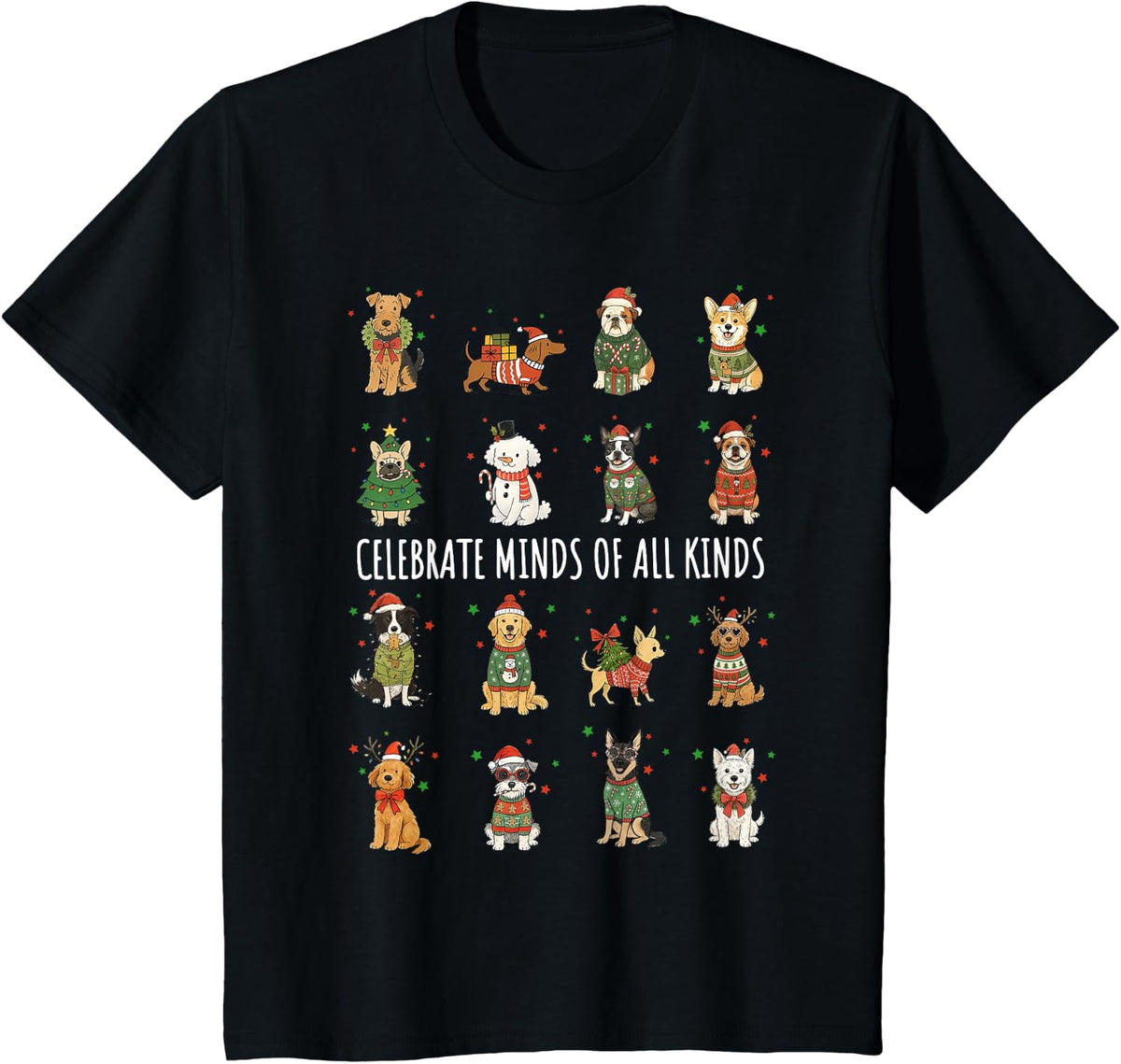 Celebrate Minds of All Kinds Neurodiversity Christmas Dogs T-Shirt - Black
