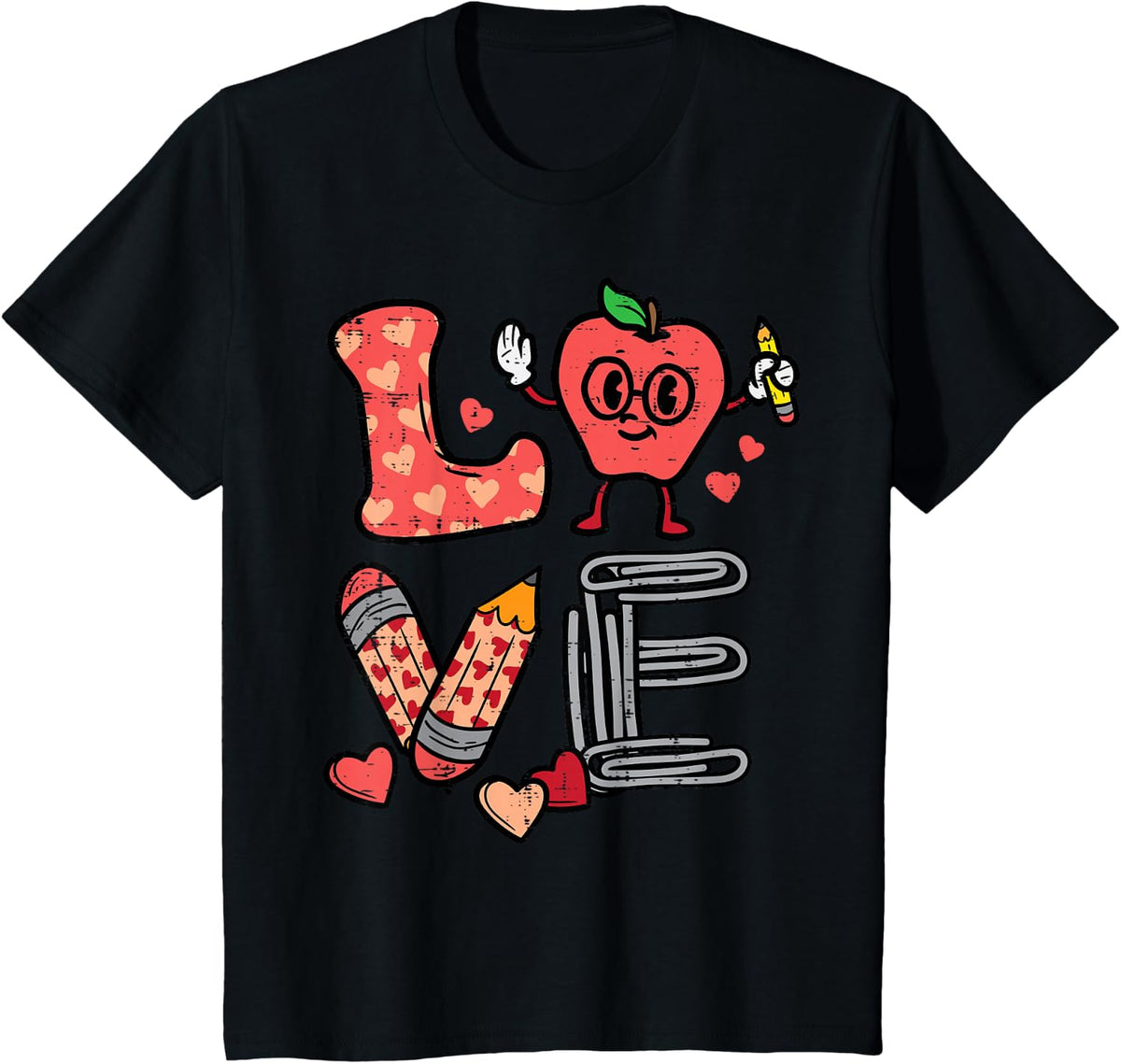 Love Valentines Day Apple Retro School Pre-K Teacher Women T-Shirt - Black