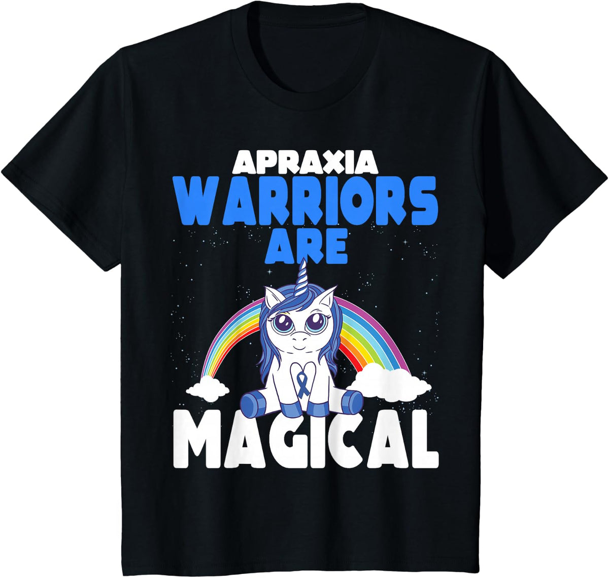 Apraxia Awareness Blue Ribbon Cute Magical Unicorn T-Shirt - Black