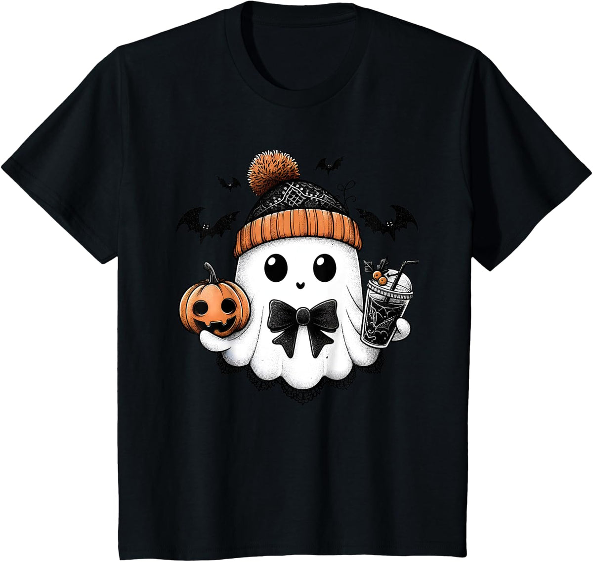 Coquette bow Ghost Halloween Ghost drink coffee lovers shirt T-Shirt - Black