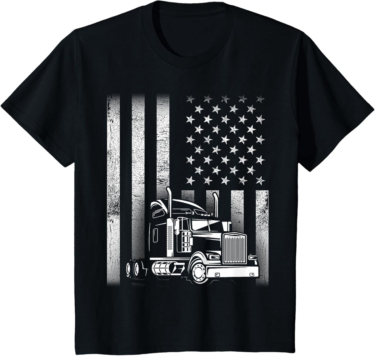 Semi Truck Driver 18 Wheeler Trucker Cool US American Flag T-Shirt - Black
