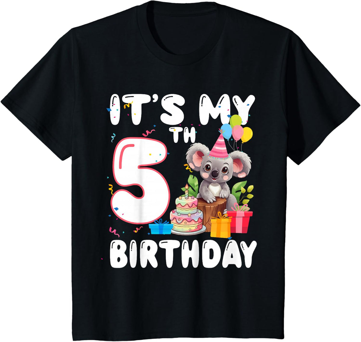 5 Year Old Koala Lover Themed It's My 5th Birthday T-Shirt - Black