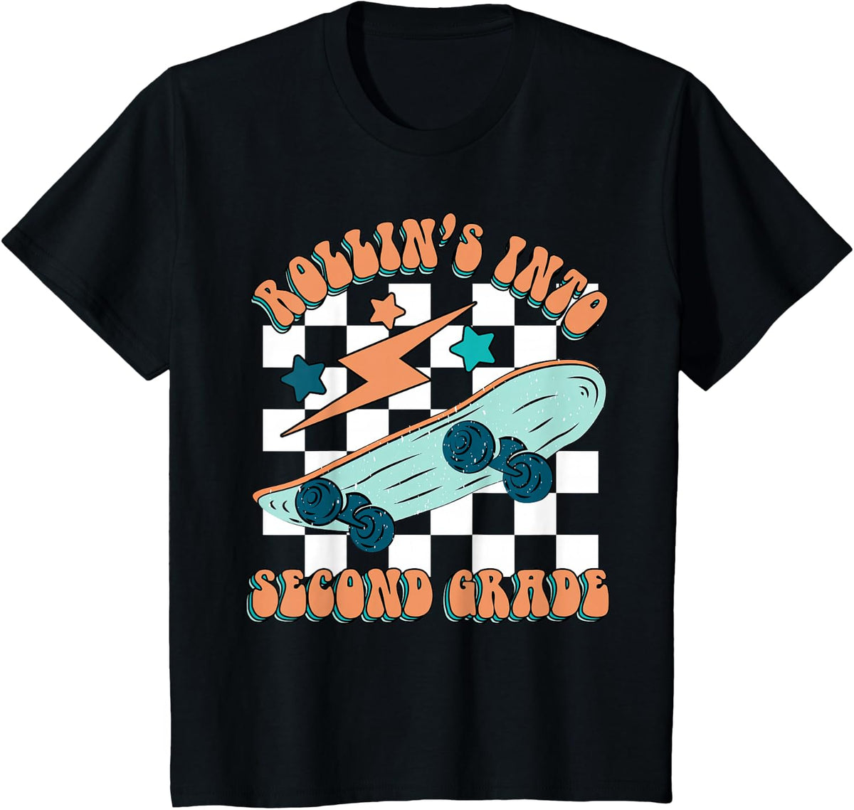 Retro Rollin Into Second Grade Skateboard 2nd Grade Teacher T-Shirt - Black
