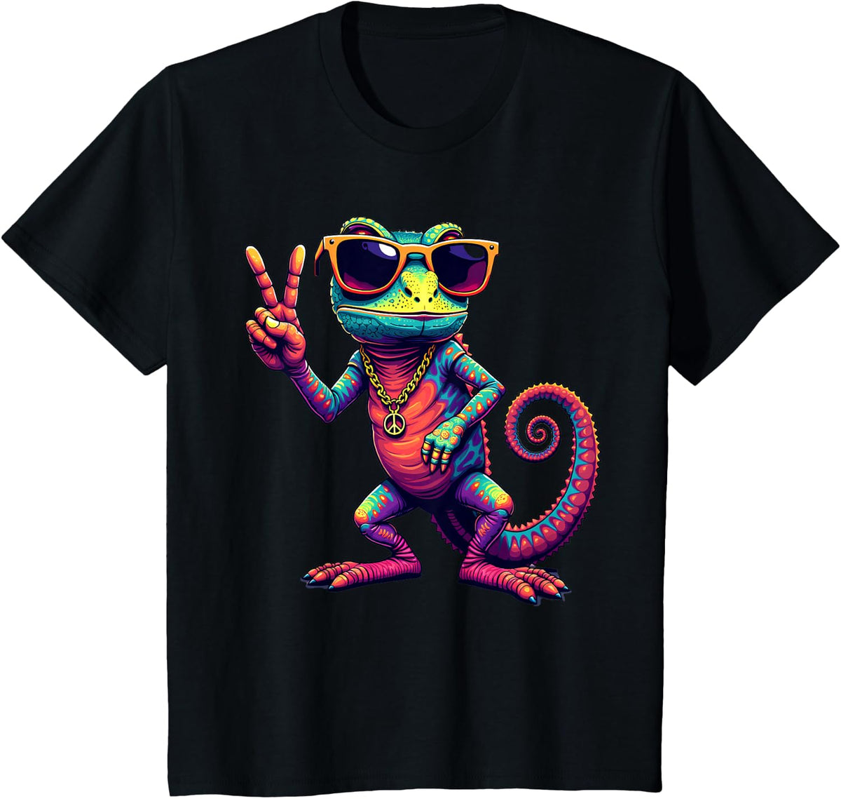 Groovy Peace Chameleon,, Funny Vintage Chameleon T-Shirt - Black