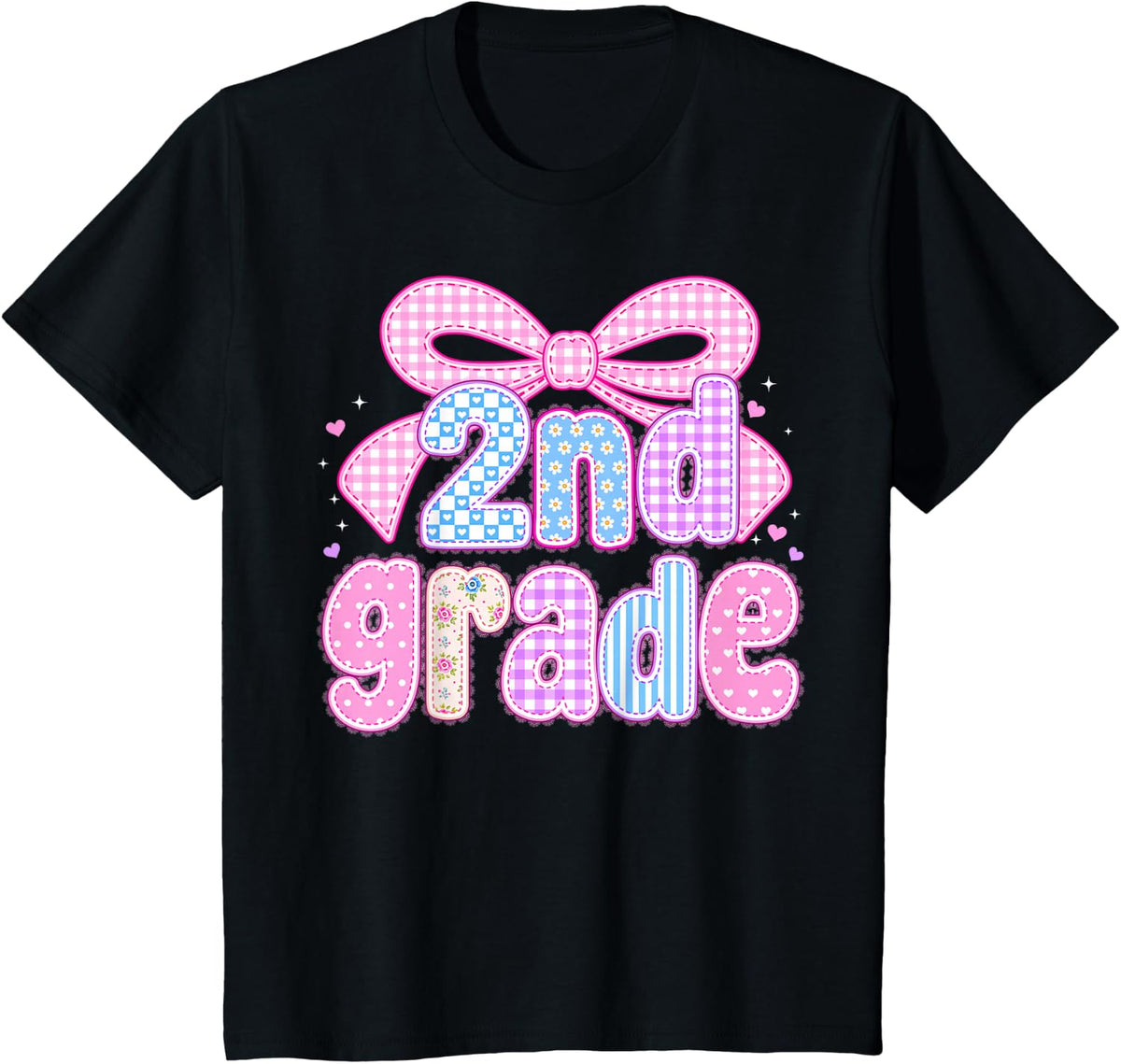 Preppy Second 2nd Grade Floral Coquette Bow Back to School T-Shirt - Black