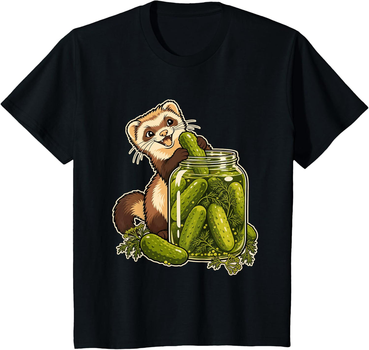 Pickle Ferret Jar Dill Funny Food Animal Design T-Shirt - Black