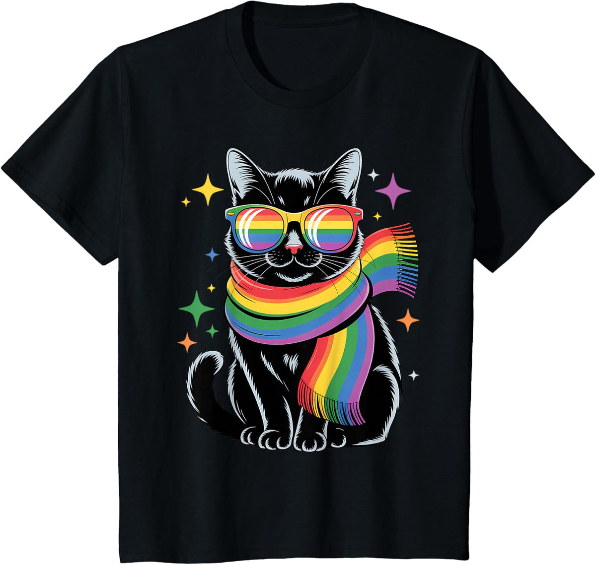 Cute Cat LGBTQ Rainbow Scarf and Glasses Gay Lesbian Pride T-Shirt - Black