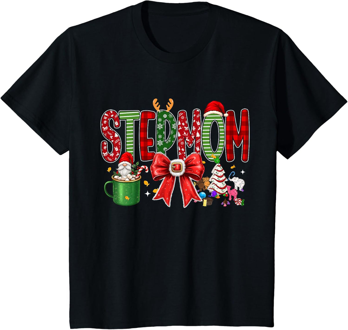 Stepmom Coquette Bow Merry Christmas Family Matching T-Shirt - Black