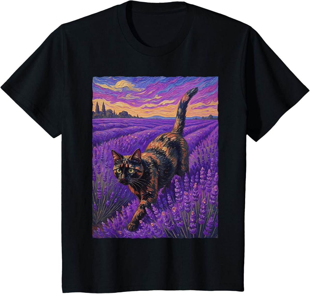Tortoiseshell Tortie Cat Lavender Field Oil Painting T-Shirt - Black