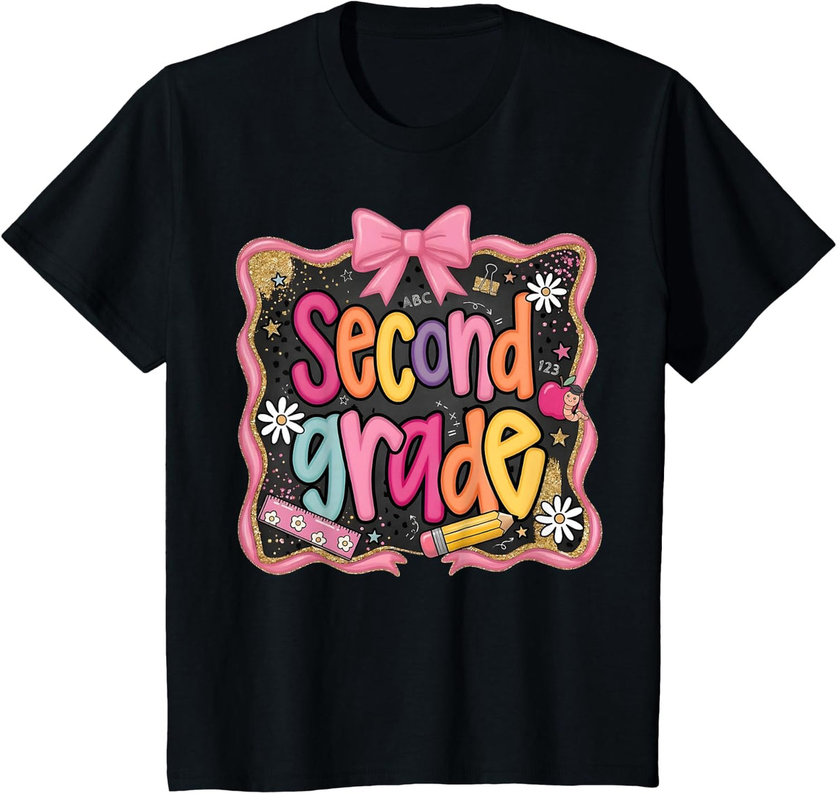 Cute Second Grade Pencil Bow Back to School 2nd Grade Girls T-Shirt - Black