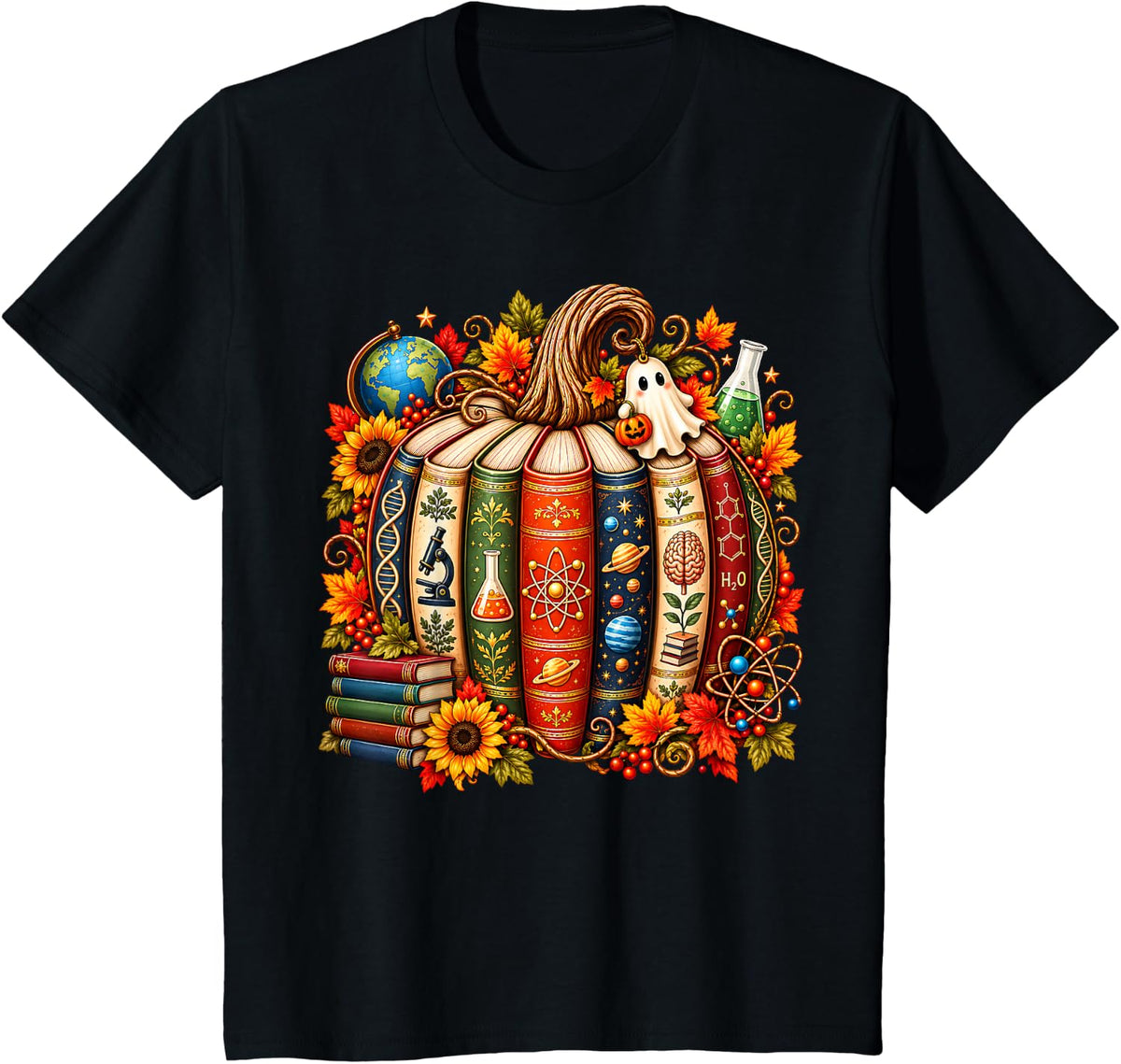 Science Teacher Ghost Halloween Fall Pumpkin STEM T-Shirt - Black