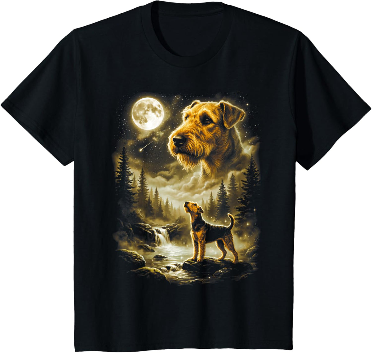 Airedale Terrier Howling at Moon Retro 90's Dog T-Shirt - Black