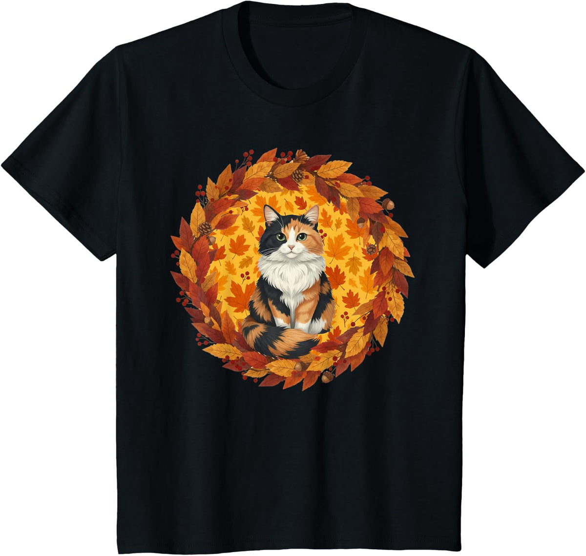Calico Cat Autumn Leaves Wreath Cozy Fall Halloween T-Shirt - Black