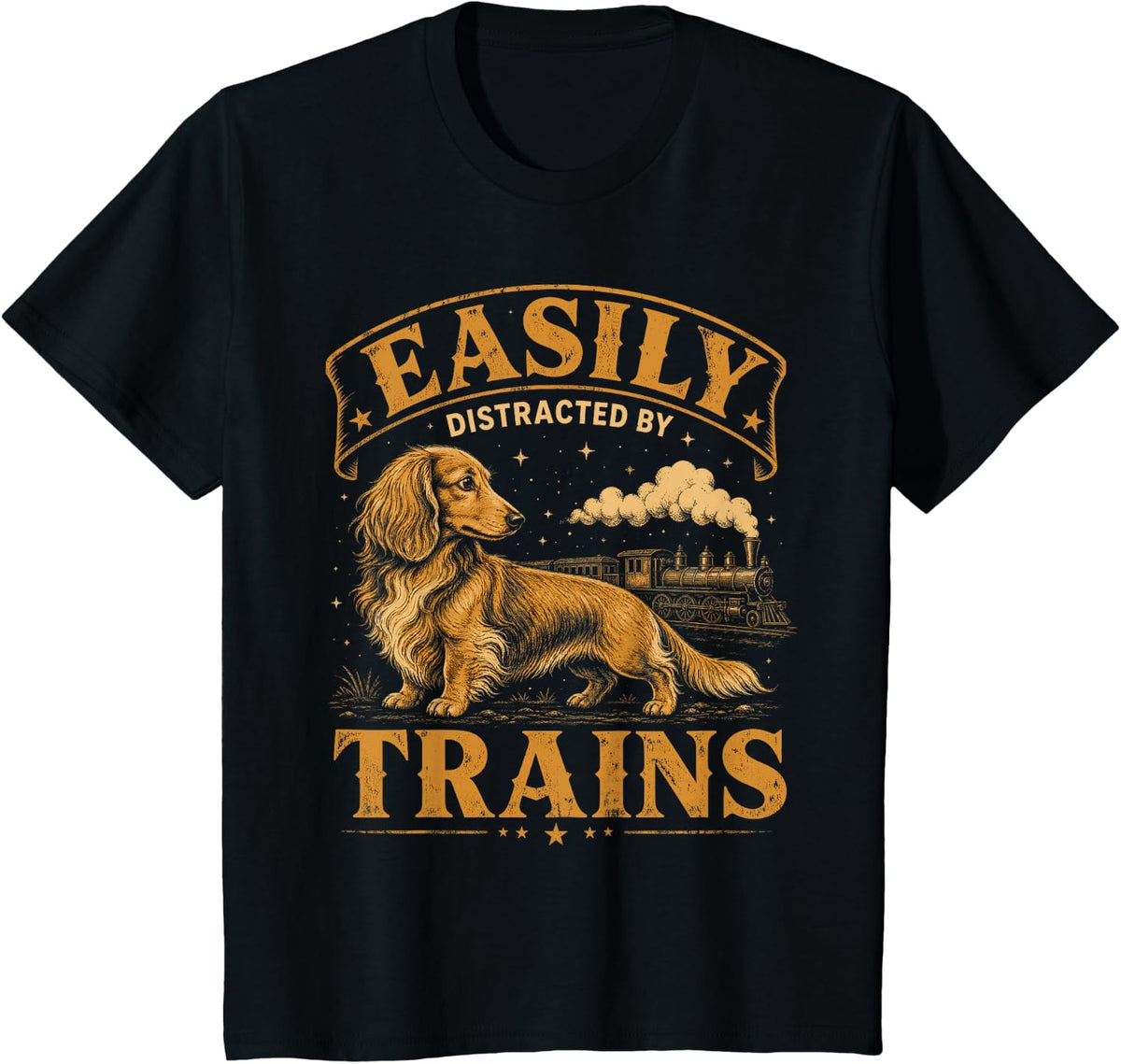 Easily Distracted By Trains Model Trains Dachshund T-Shirt - Black