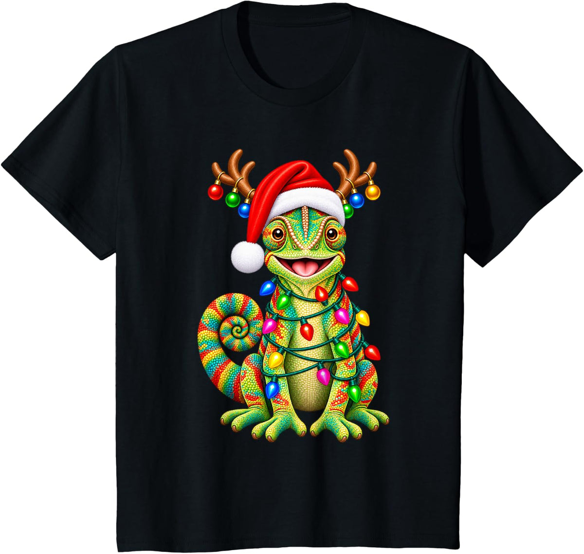 Chameleon Christmas Reindeer Lights Pajama Xmas T-Shirt - Black