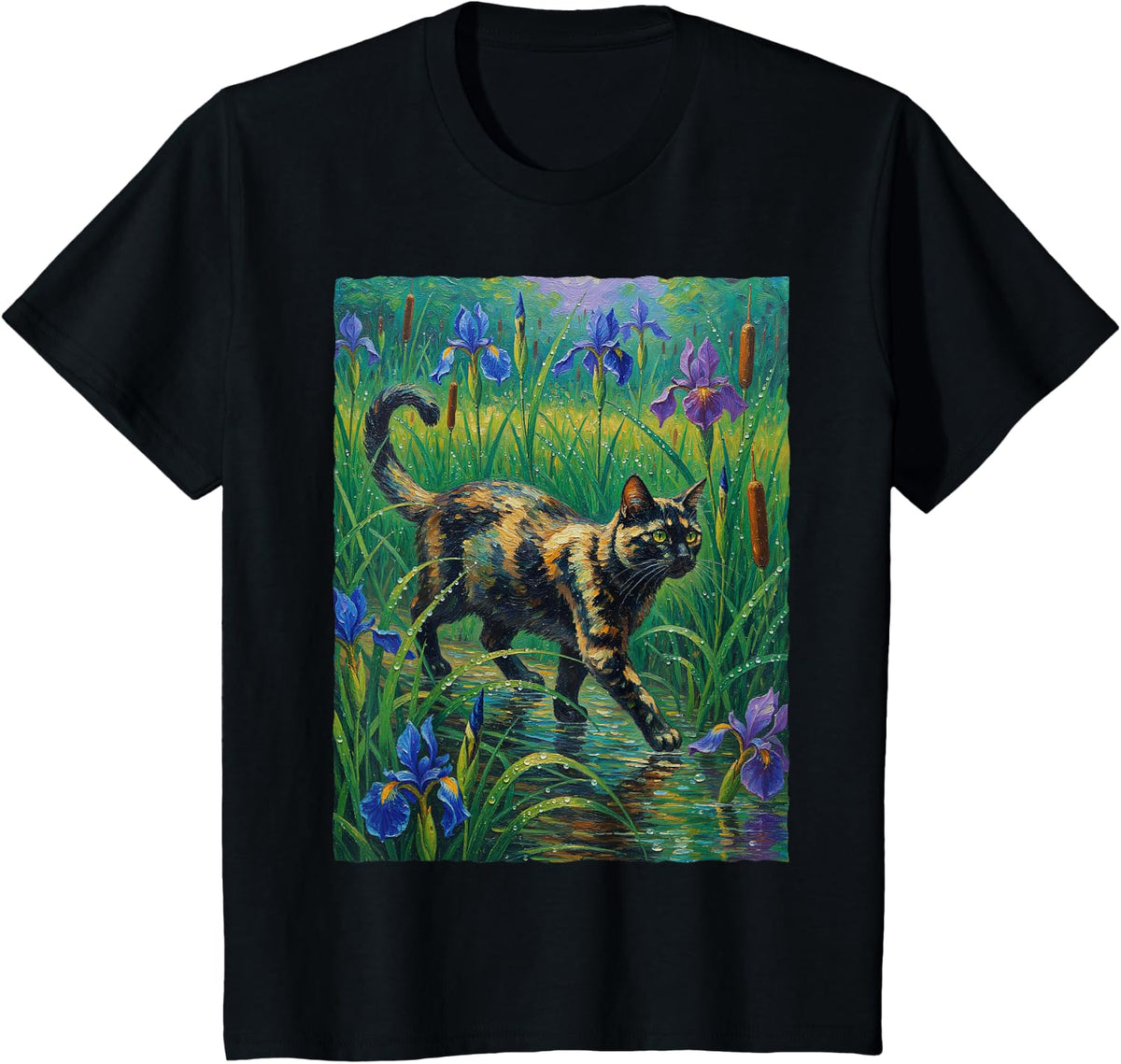 Tortoiseshell Cat Iris Flower Impressionist Tortie Painting T-Shirt - Black
