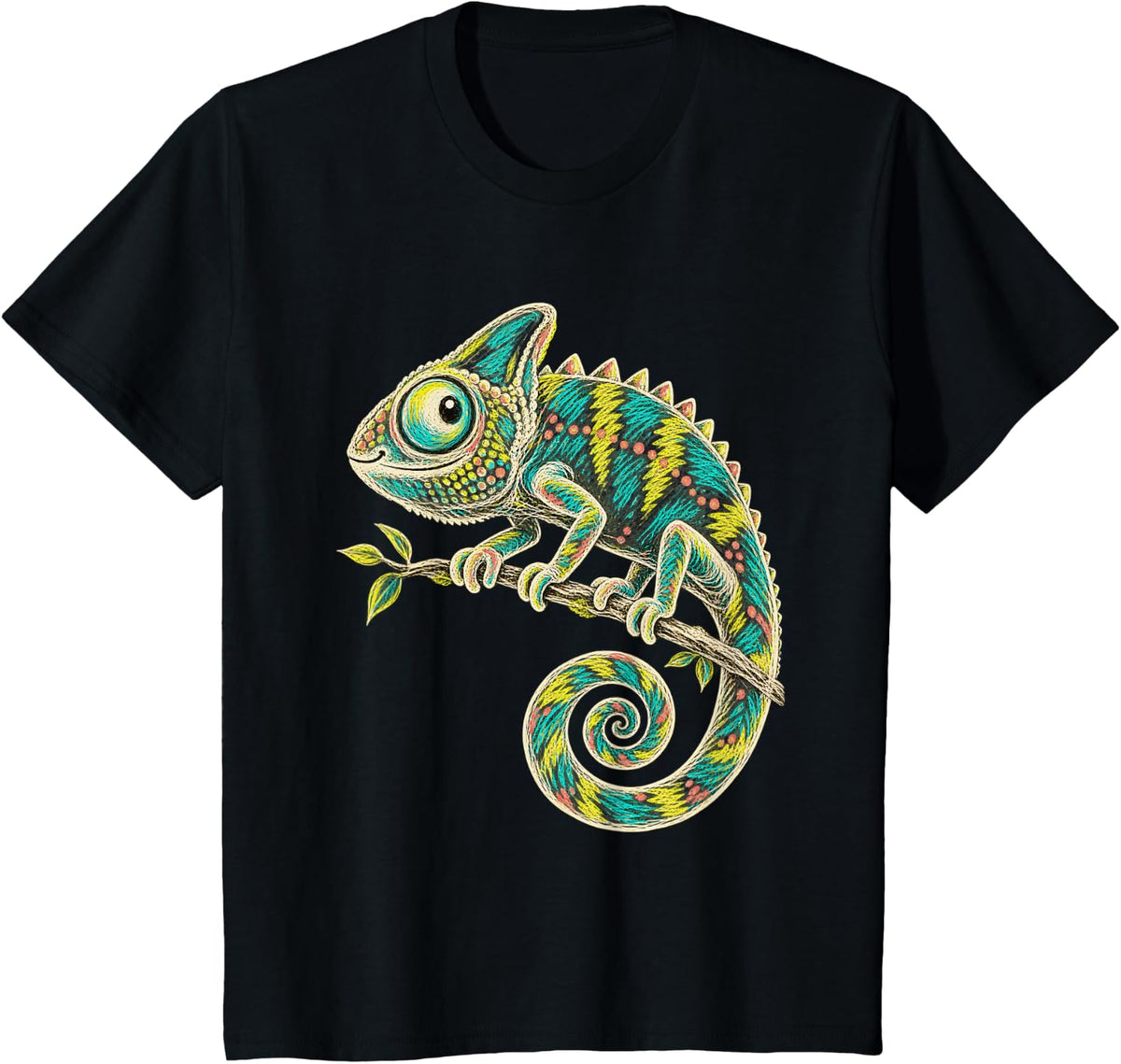 Chameleon Reptile Lover Colorful Curled Tail Doodle T-Shirt - Black